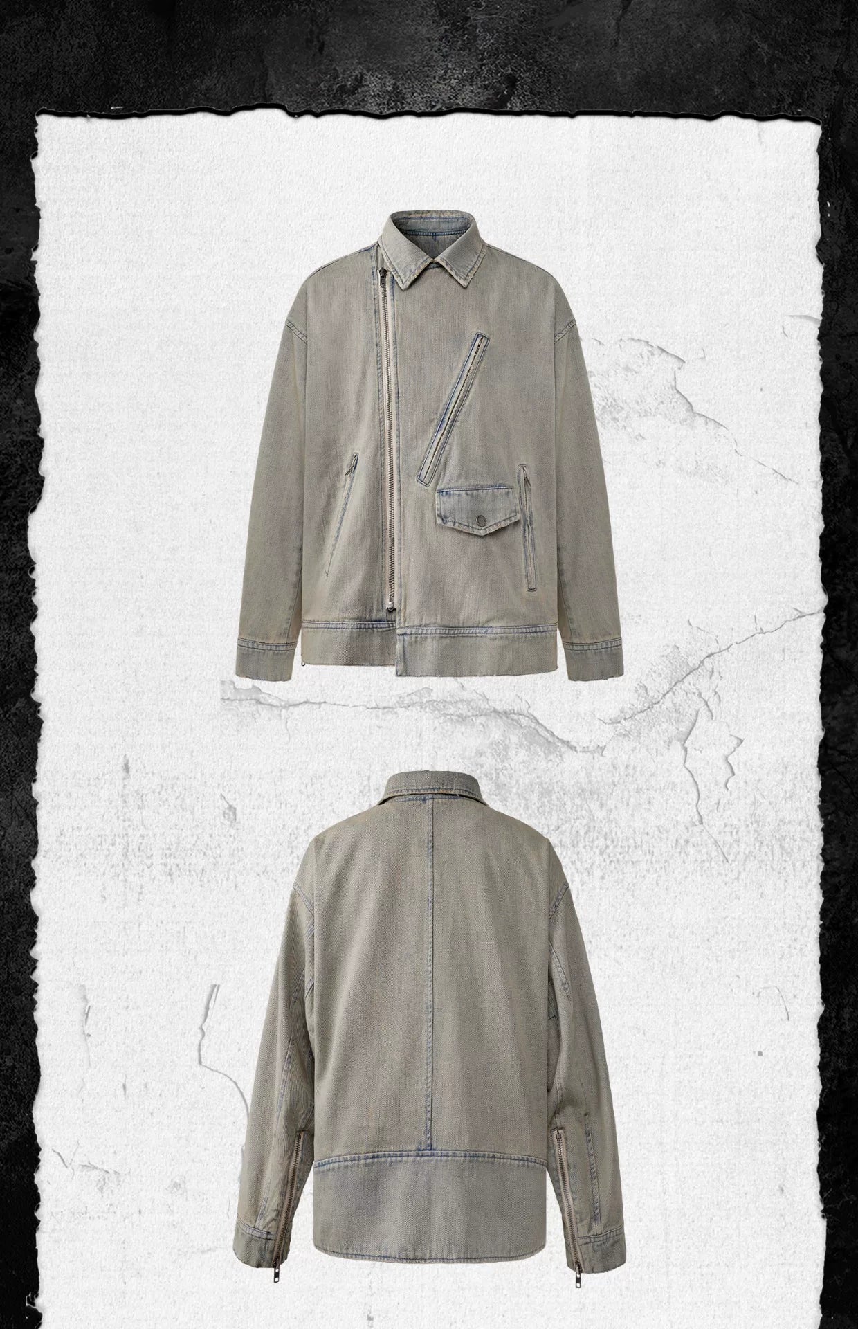 Vintage Sand Zip Denim Biker Jacket