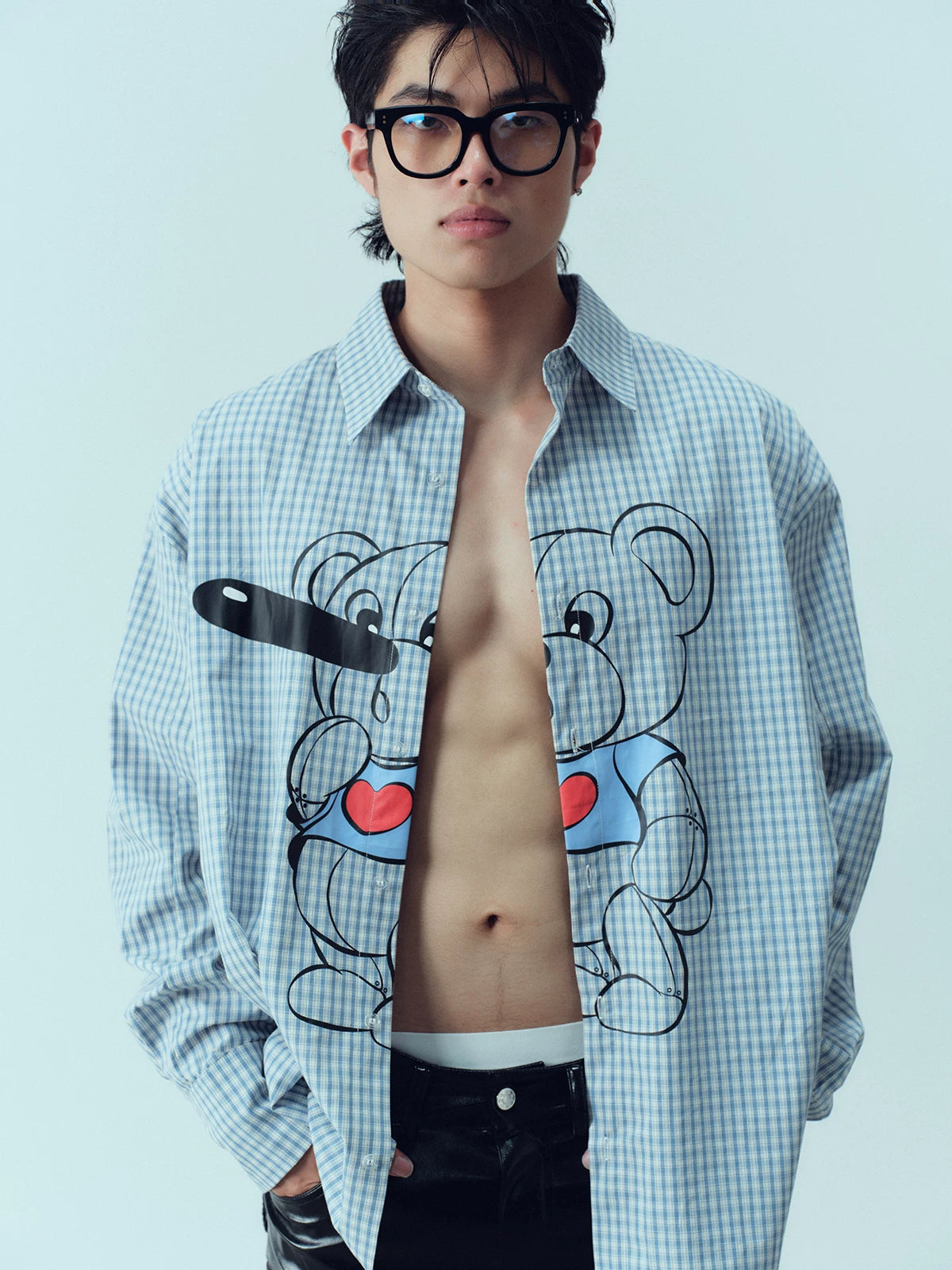 Retro Plaid Pinocchio Bear Print Shirt