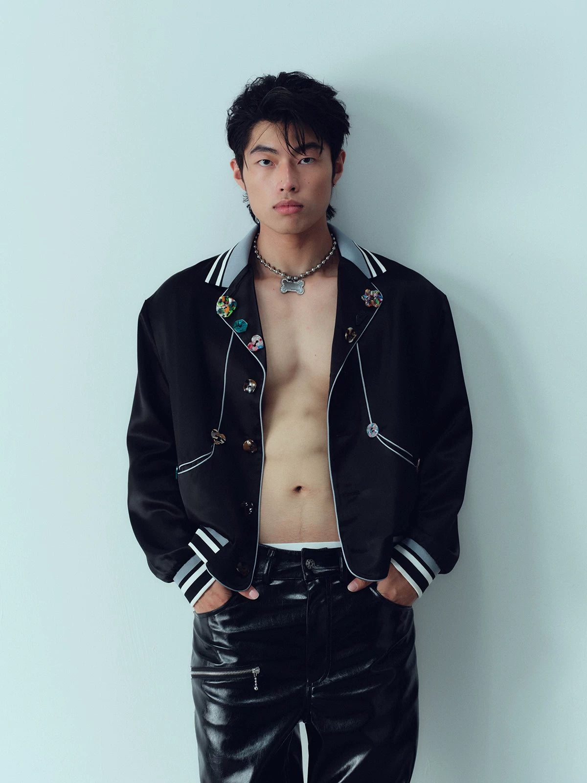 Ribbed Collar Shell Button Acetate Jacket