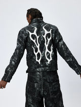 American Printed Pleated Leather Biker Jacket