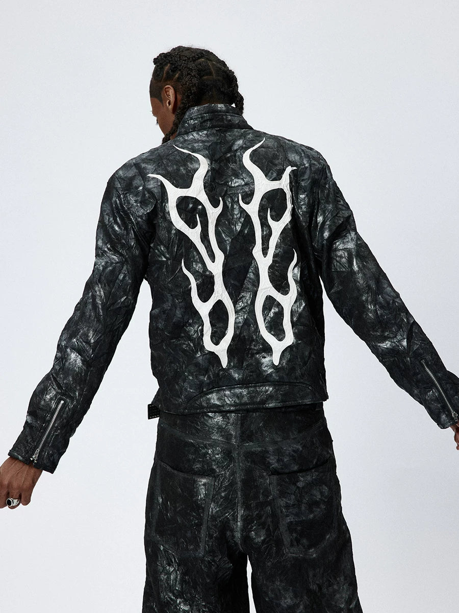American Printed Pleated Leather Biker Jacket