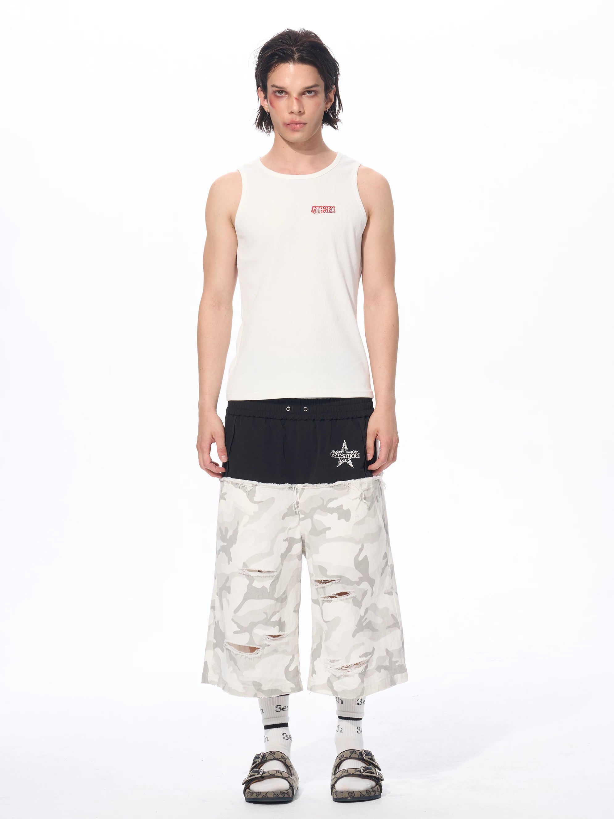Men's Patchwork Ripped White Camo Pants