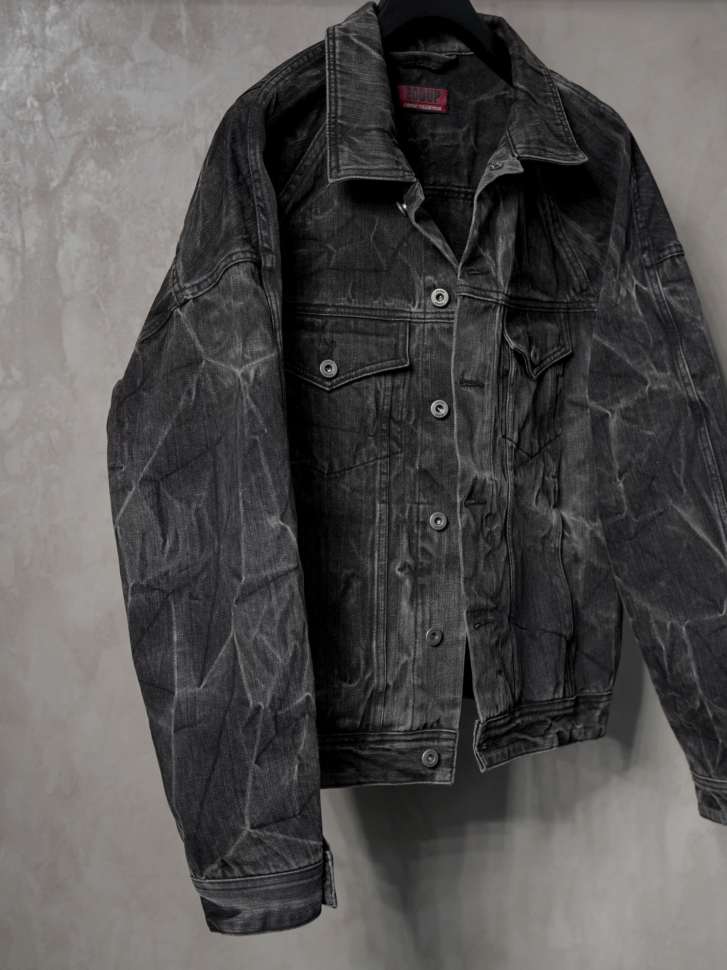 Washed Distressed Gray Raglan Denim Jacket