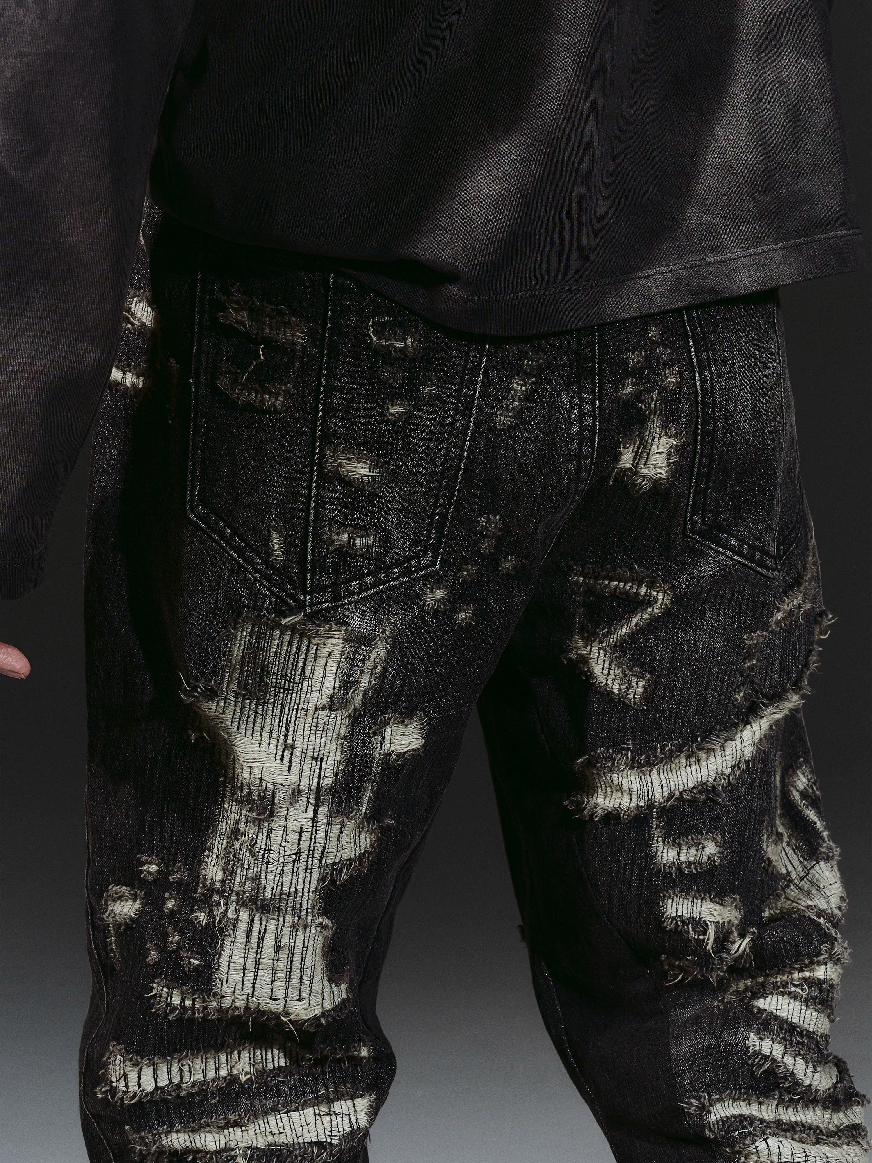 Heavyweight Distressed Embroidered Patchwork Flared Jeans