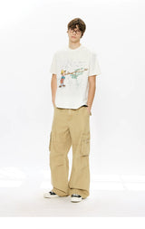 Washed Printed French Blue Cargo Pants