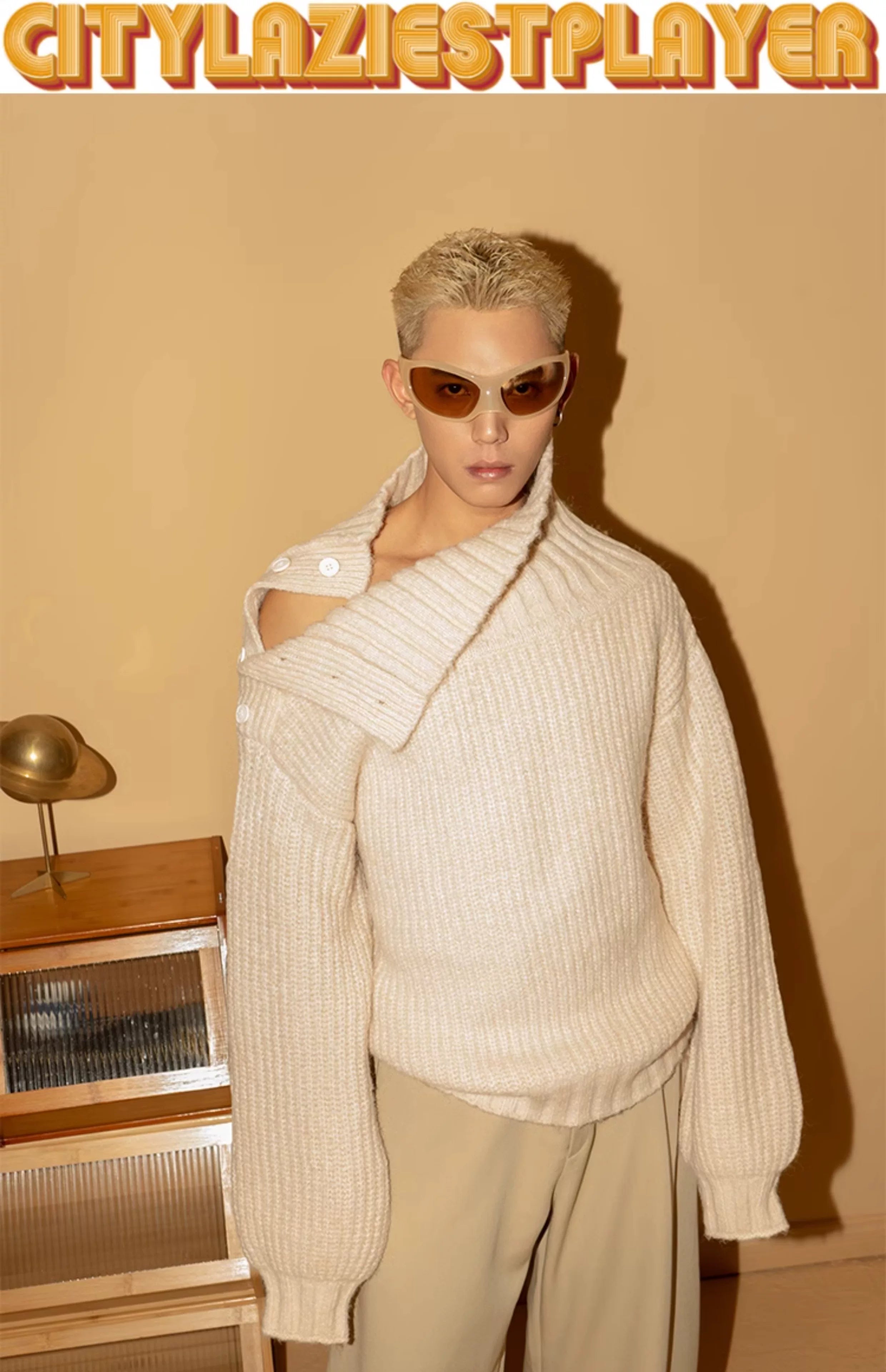 Men's Apricot Wool Side-buttoned Turtleneck Sweater