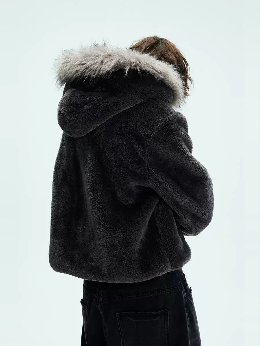 Detachable Fur Collar Fleece Hooded Coat