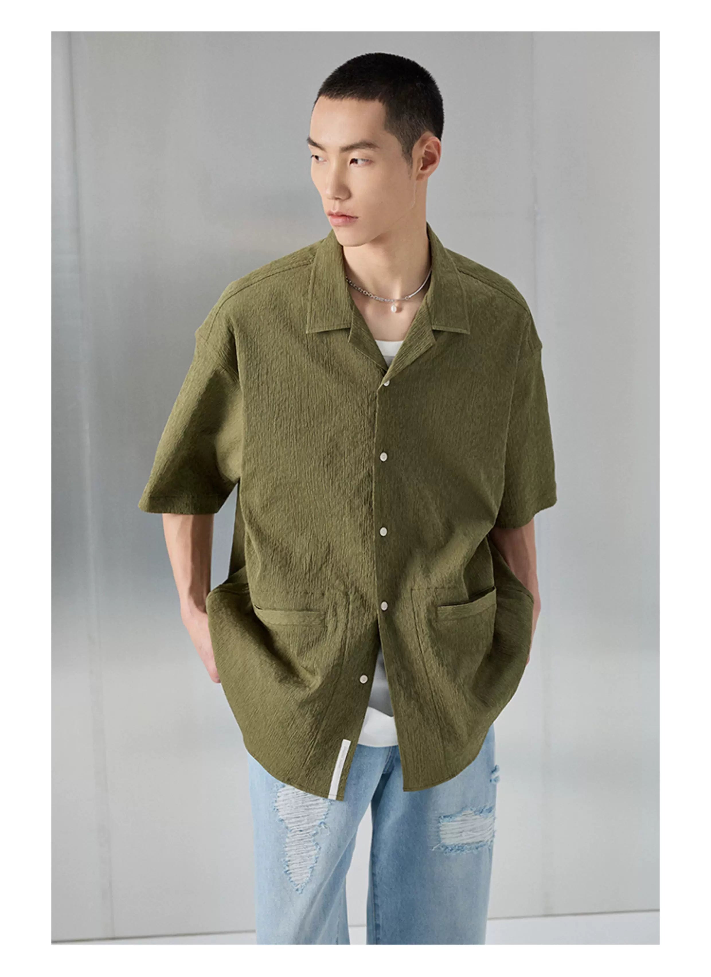 Bark Textured Cuban Collar Casual Shirt