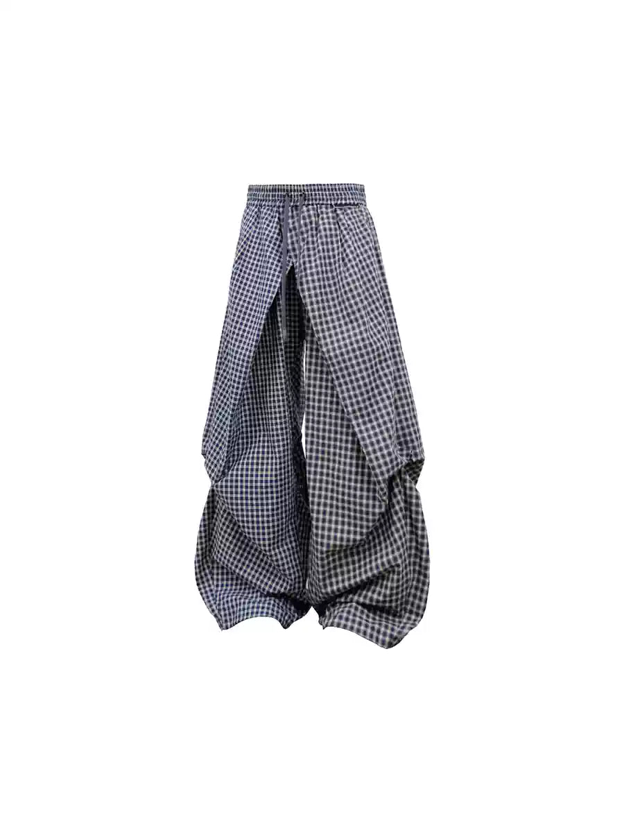 Asymmetric Cross Plaid Pleated Casual Pants