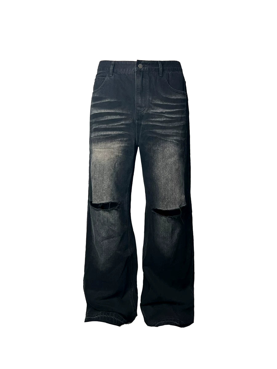 Two-Tone Distressed Wide Leg Flared Jeans