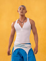 Red White Button Slit Sports Vest