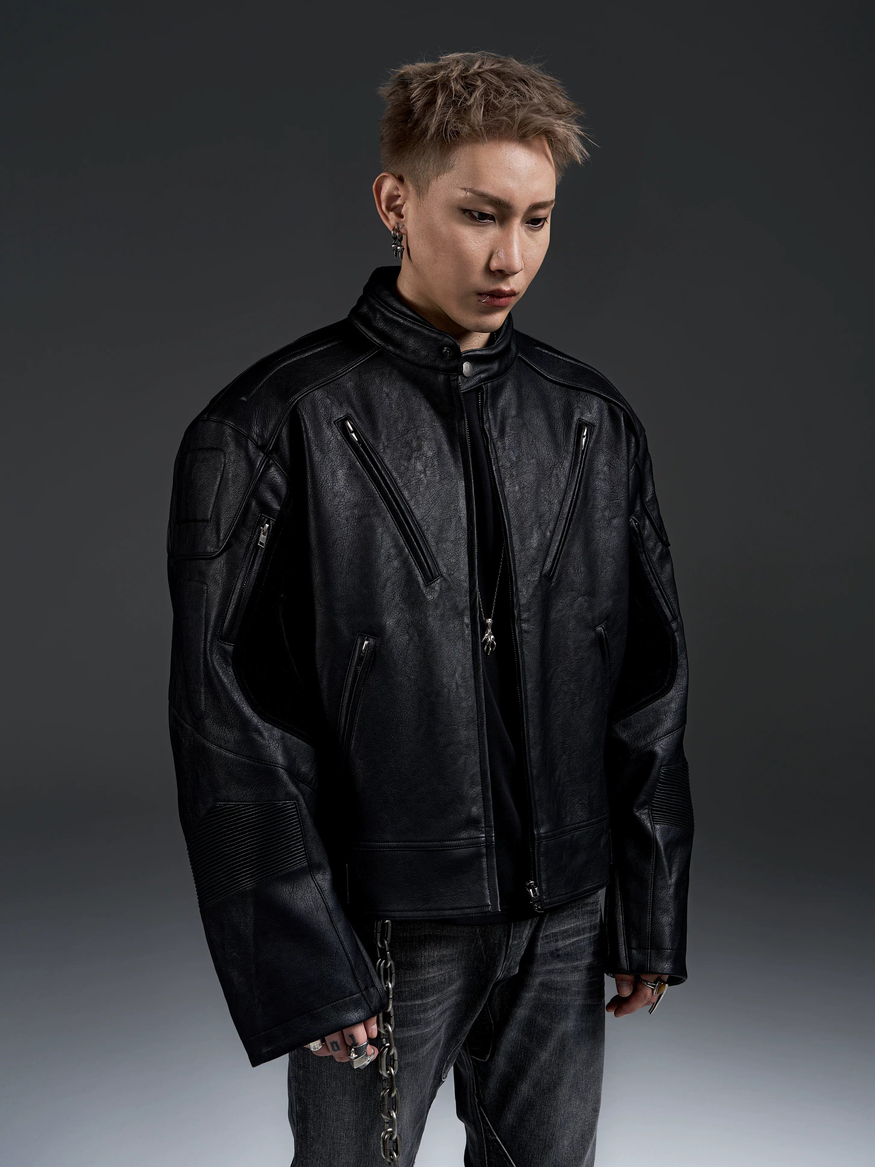 Dark Zip-Up Padded Biker Leather Jacket