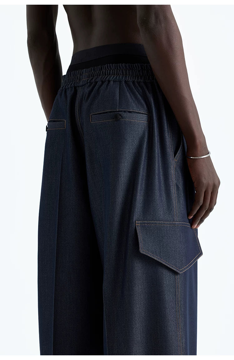 Indigo Denim-Style Drawstring Waist Cargo Pants
