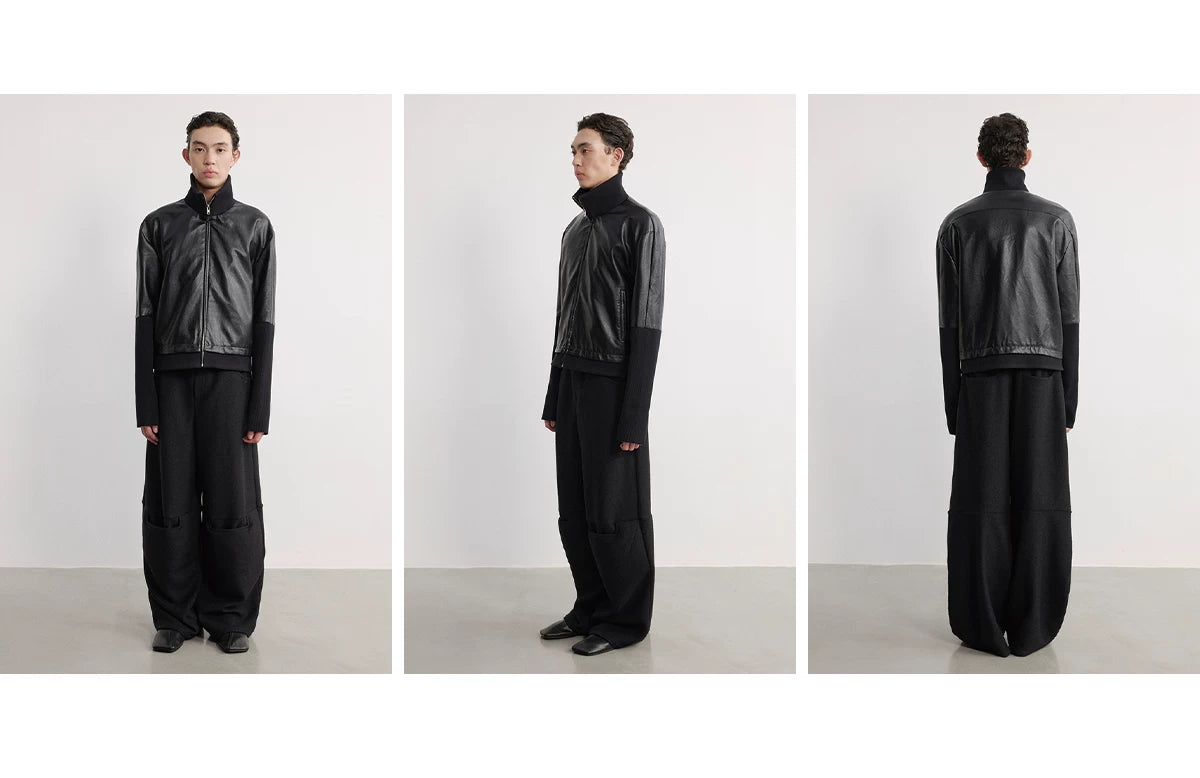 Black Ribbed Cuff Faux Leather Jacket