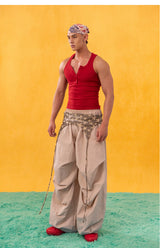 Red White Button Slit Sports Vest