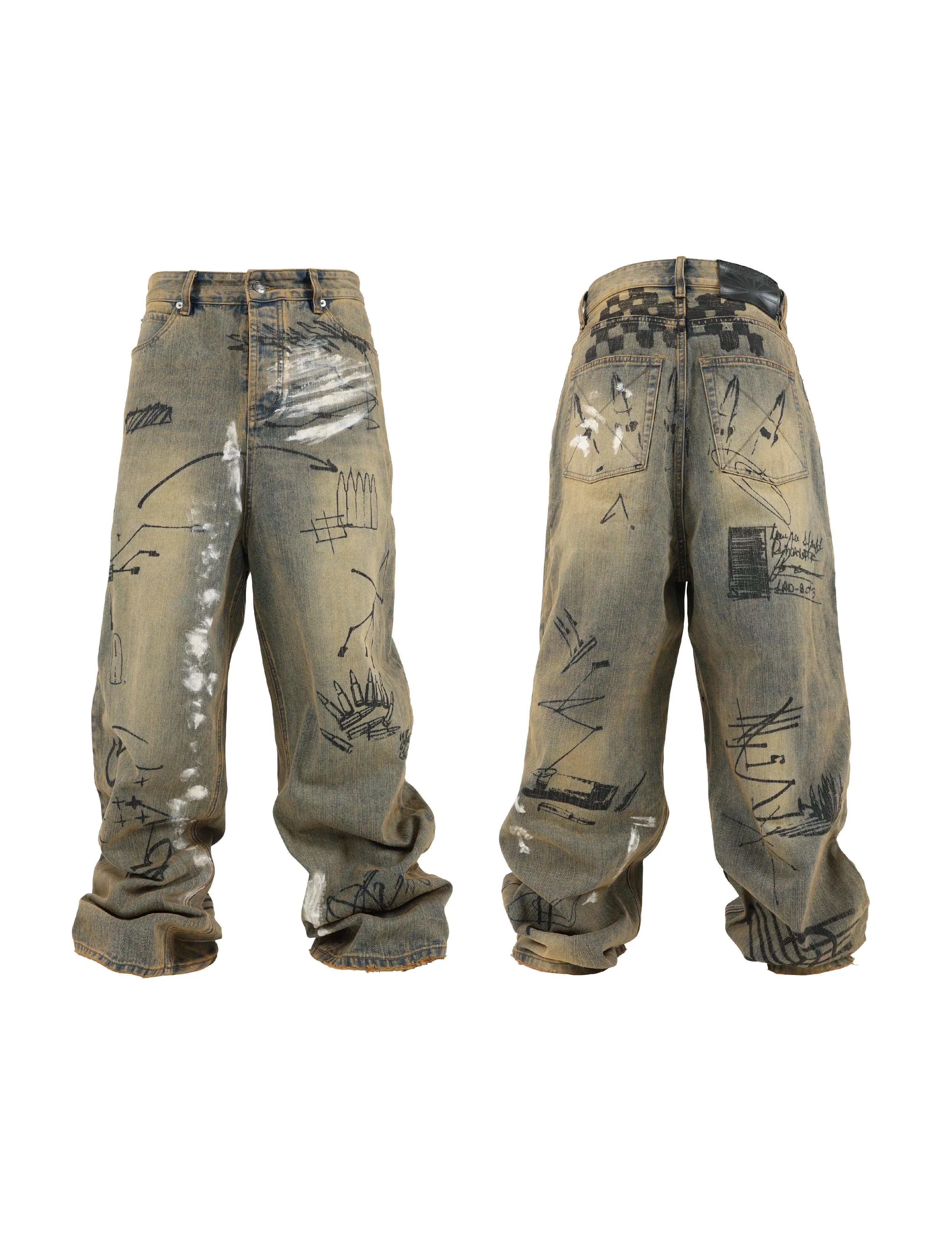 Washed Blue Mud-Dyed Graffiti Baggy Jeans
