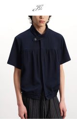 Navy Blue Pleated Short Sleeve Shirt