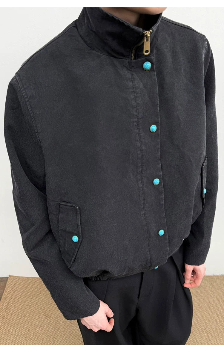 Turquoise Lyocell Wrinkle Stand Collar Jacket