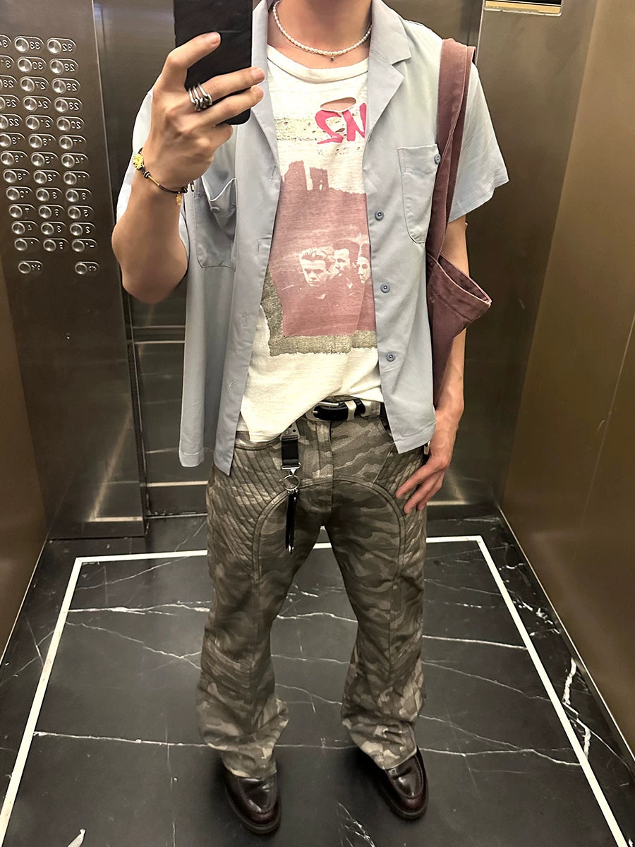 Rugged Distressed Camo Flare Cargo Pants