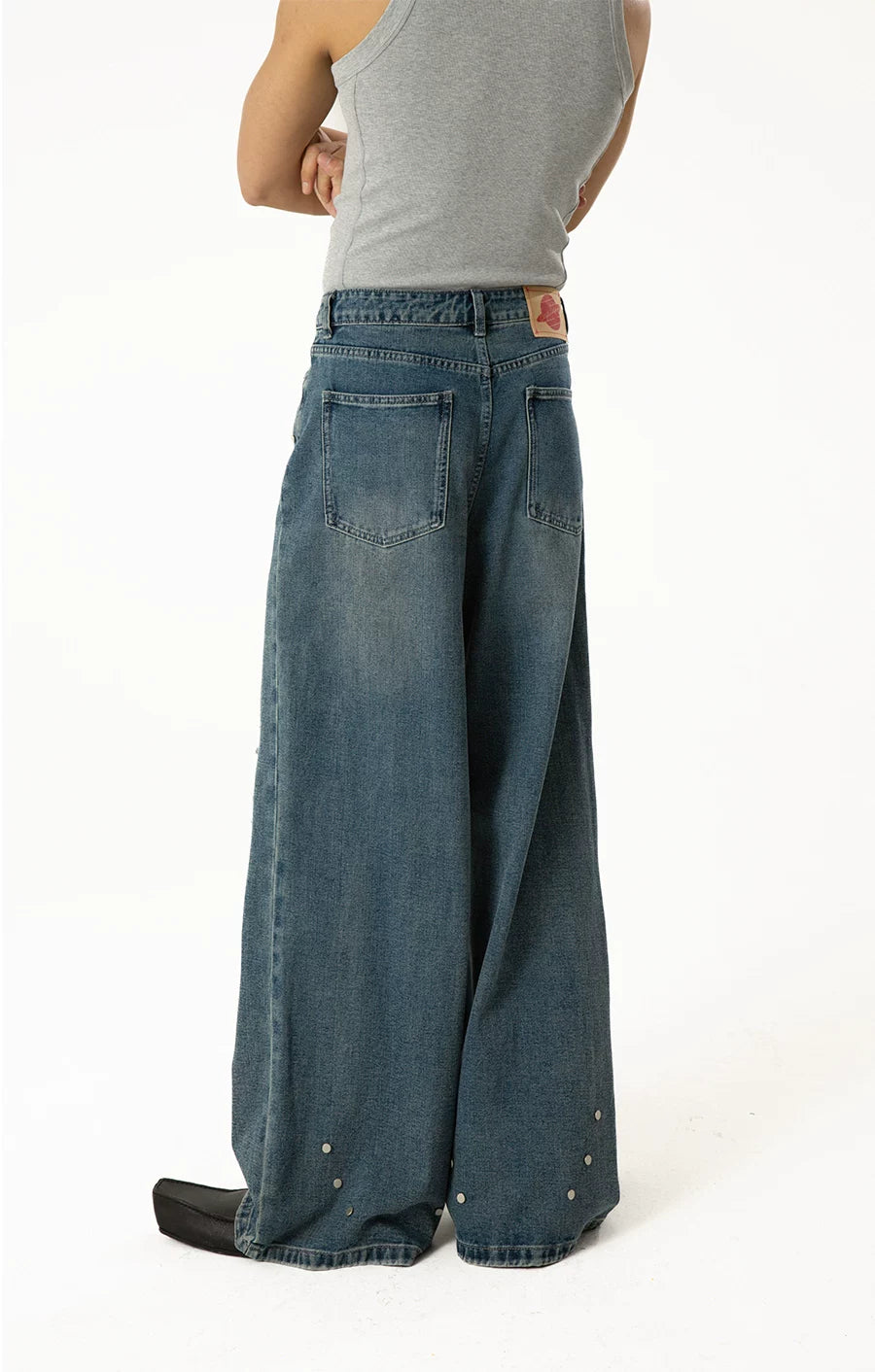 Men's Blue Distressed Riveted Straight Jeans