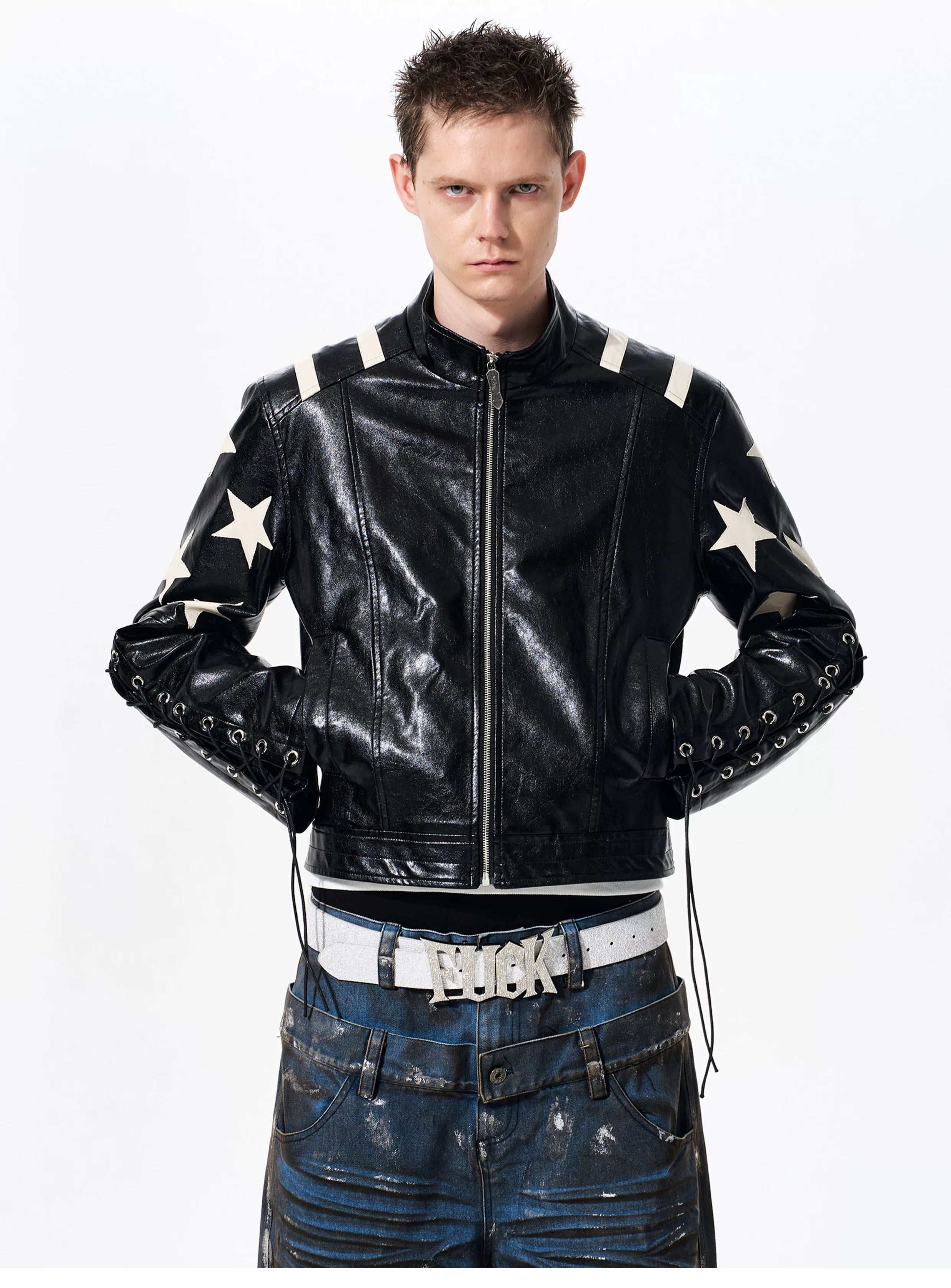 Men's Cropped Star Leather Biker Jacket