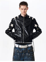 Men's Cropped Star Leather Biker Jacket
