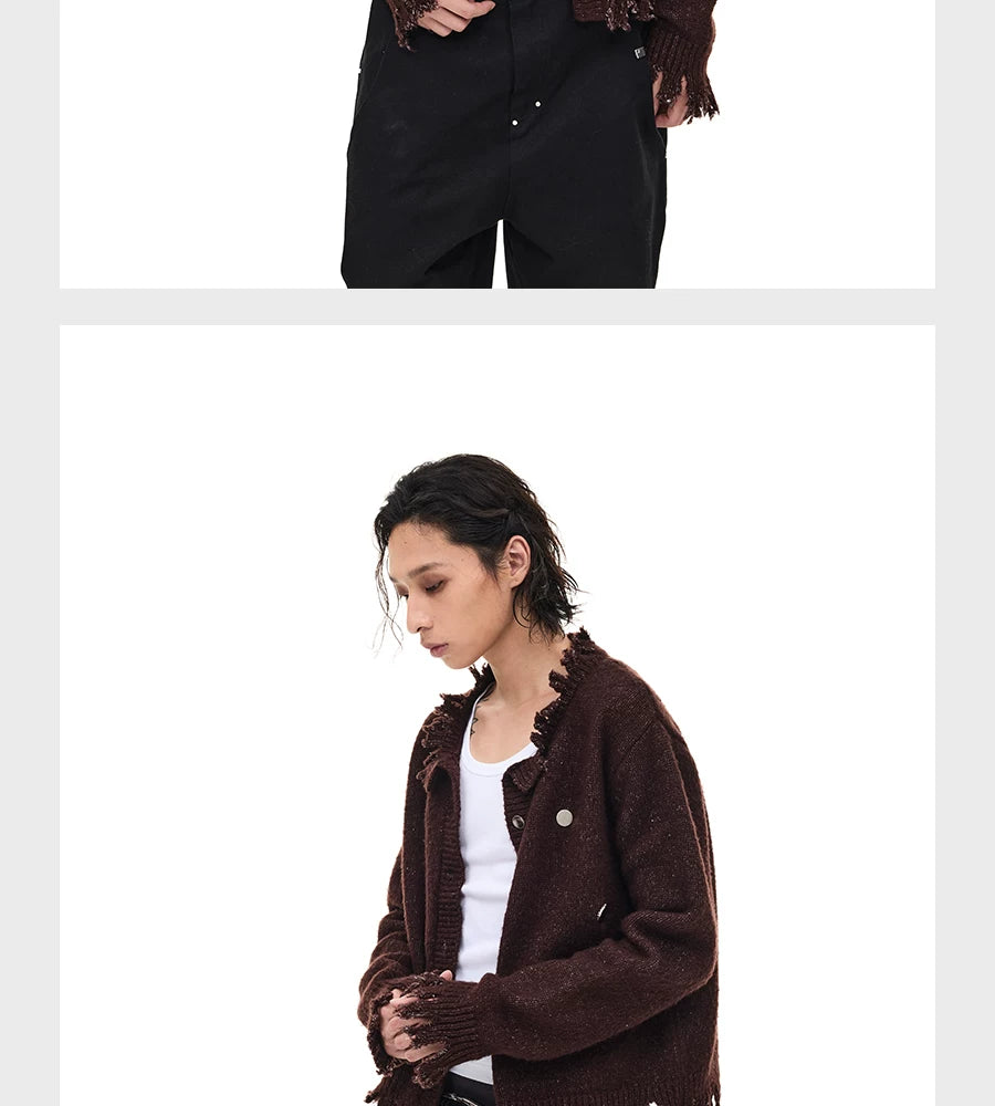 Washed Fringed Distressed Badge Knit Cardigan