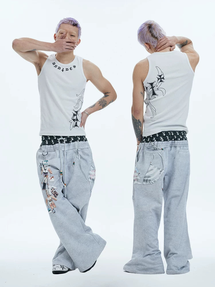 Flared Digital Print Double Waistband Sweatpants