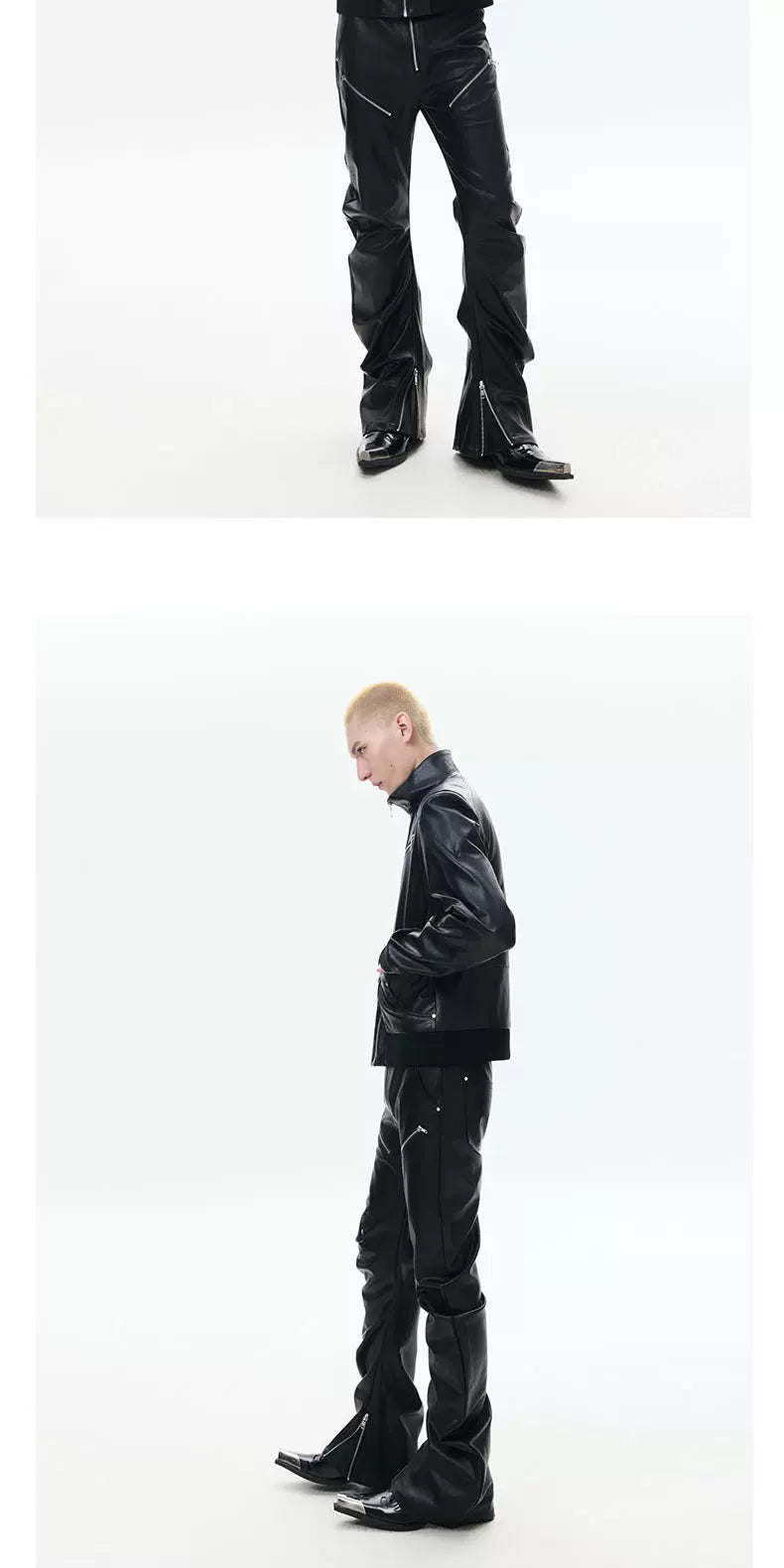 Slim Curved Leather Pants with Zippers