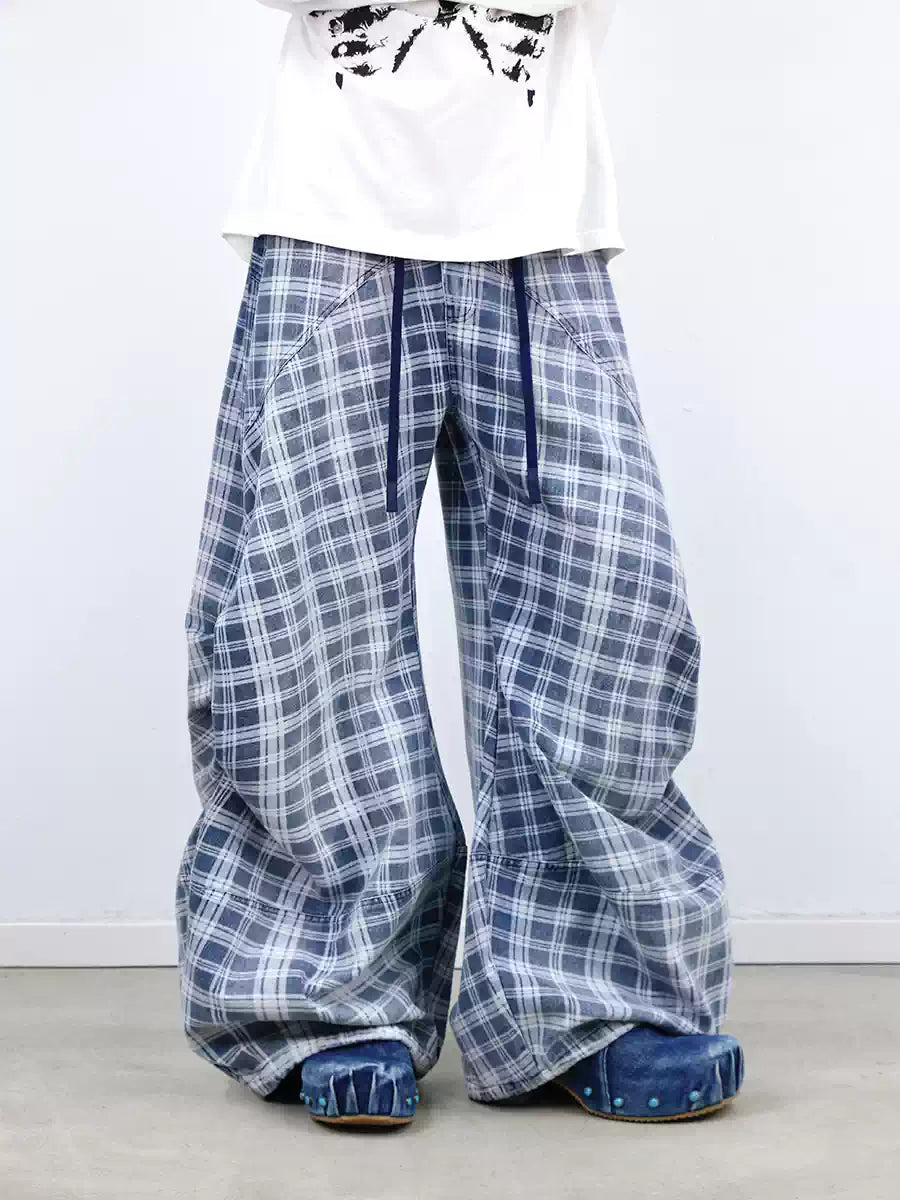 Loose Gradient Washed Plaid Print Jeans