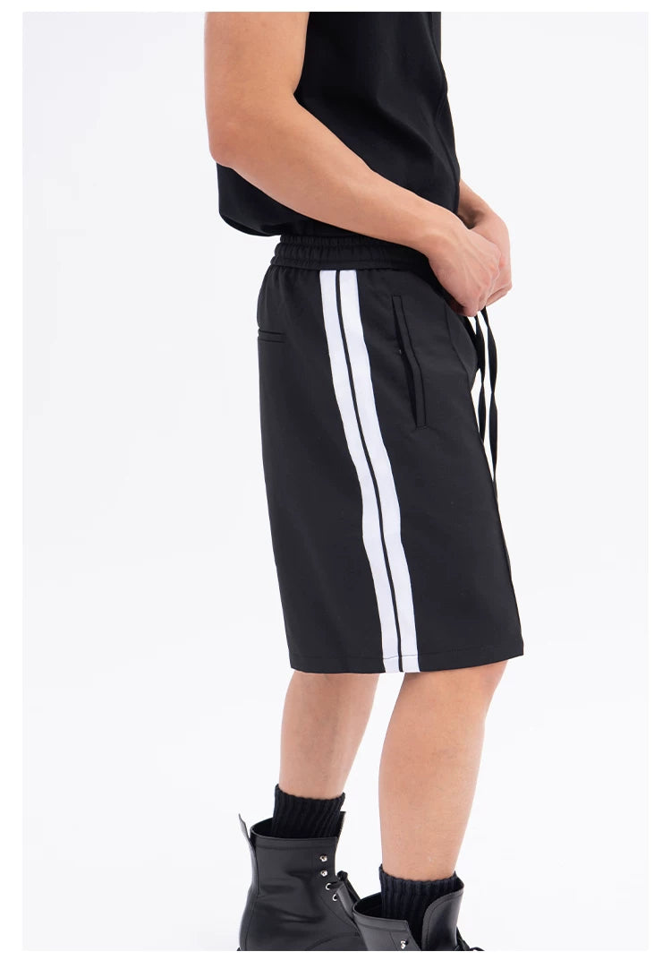 Black White Gray Striped Drawstring Shorts