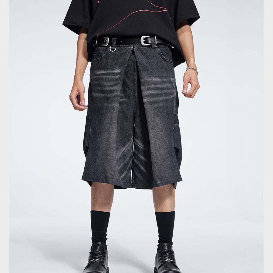 Special Waistband Tailored Washed Denim Shorts