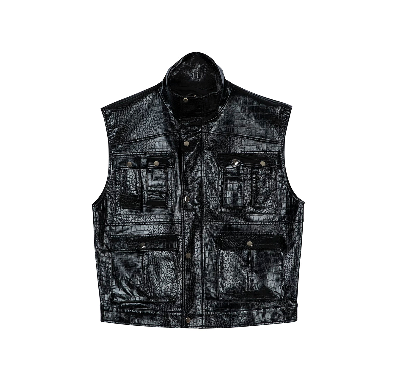 Croc Embossed Multi-pocket Sleeveless Leather Jacket