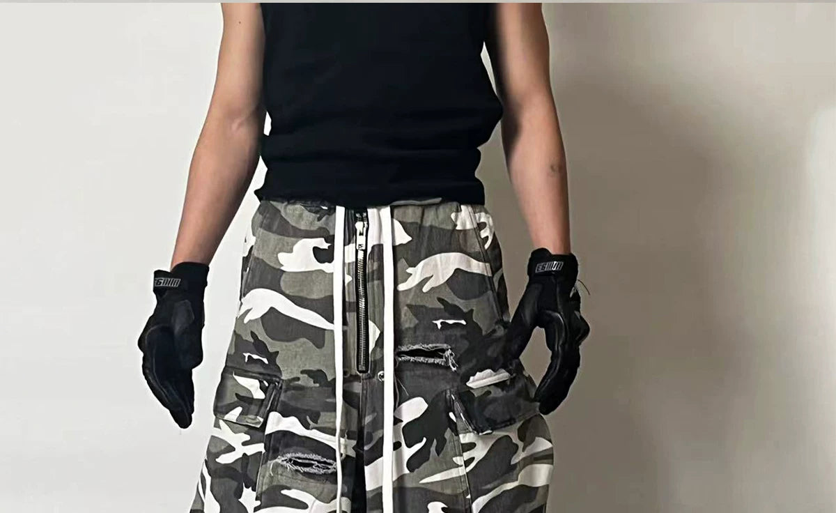 Washed Distressed Camo Cargo Pants