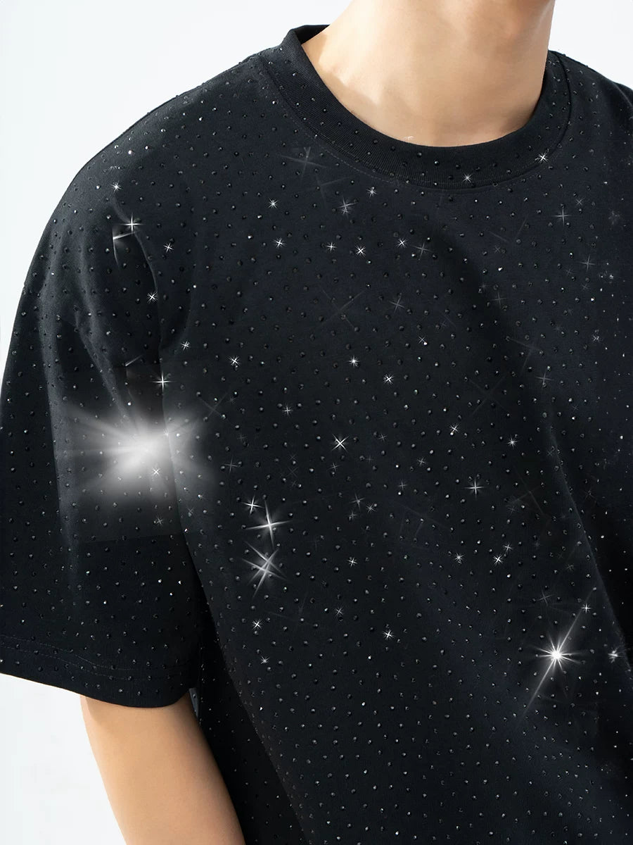 Unisex Black Loose Rhinestone Short-Sleeve Tee