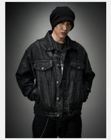 Dark Distressed Patchwork Relaxed Denim Jacket