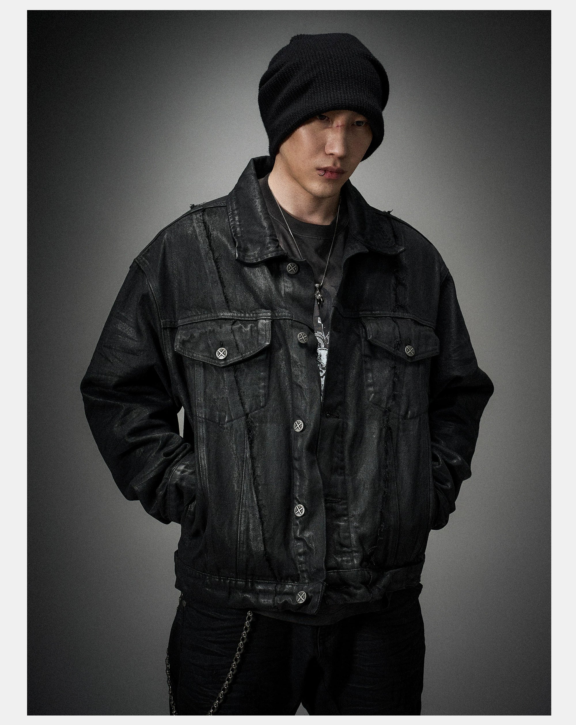 Dark Distressed Patchwork Relaxed Denim Jacket