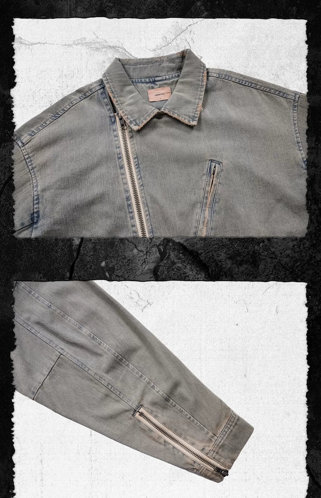 Vintage Sand Zip Denim Biker Jacket