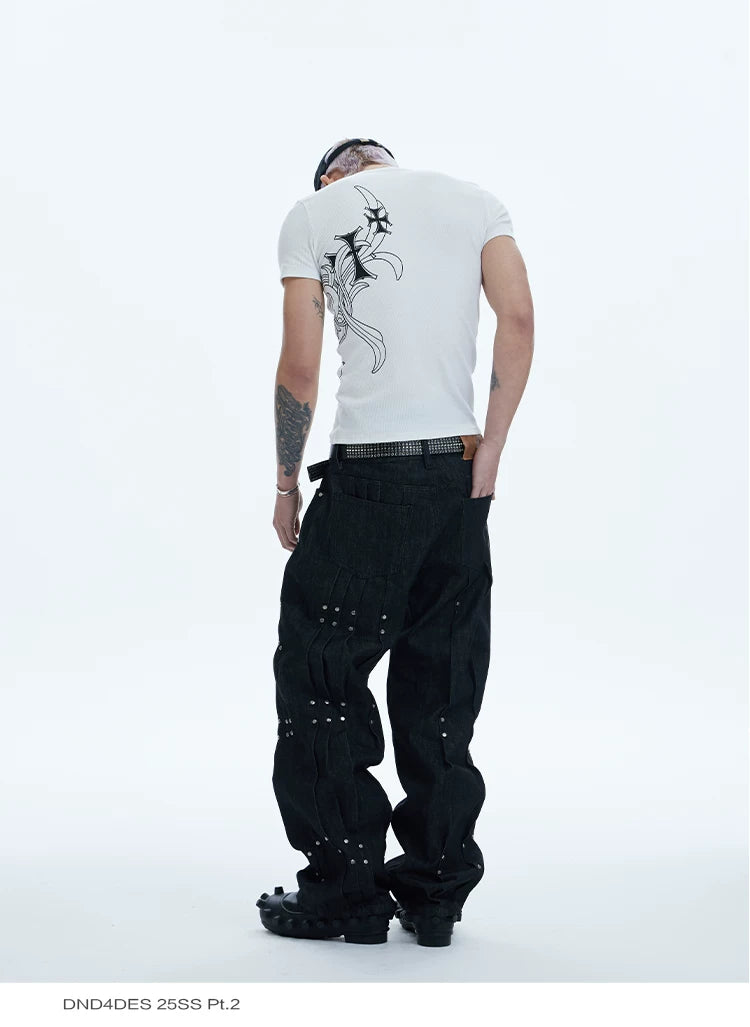 Asymmetric Pleated Studded Raw Denim Jeans