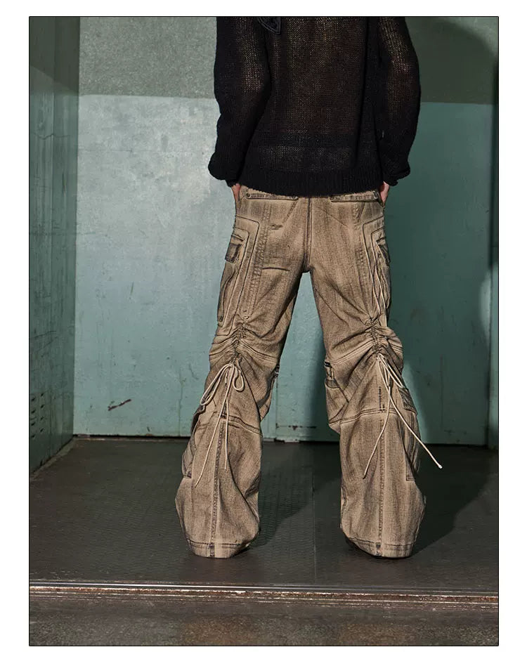 Distressed Drawstring Flare Cargo Pants