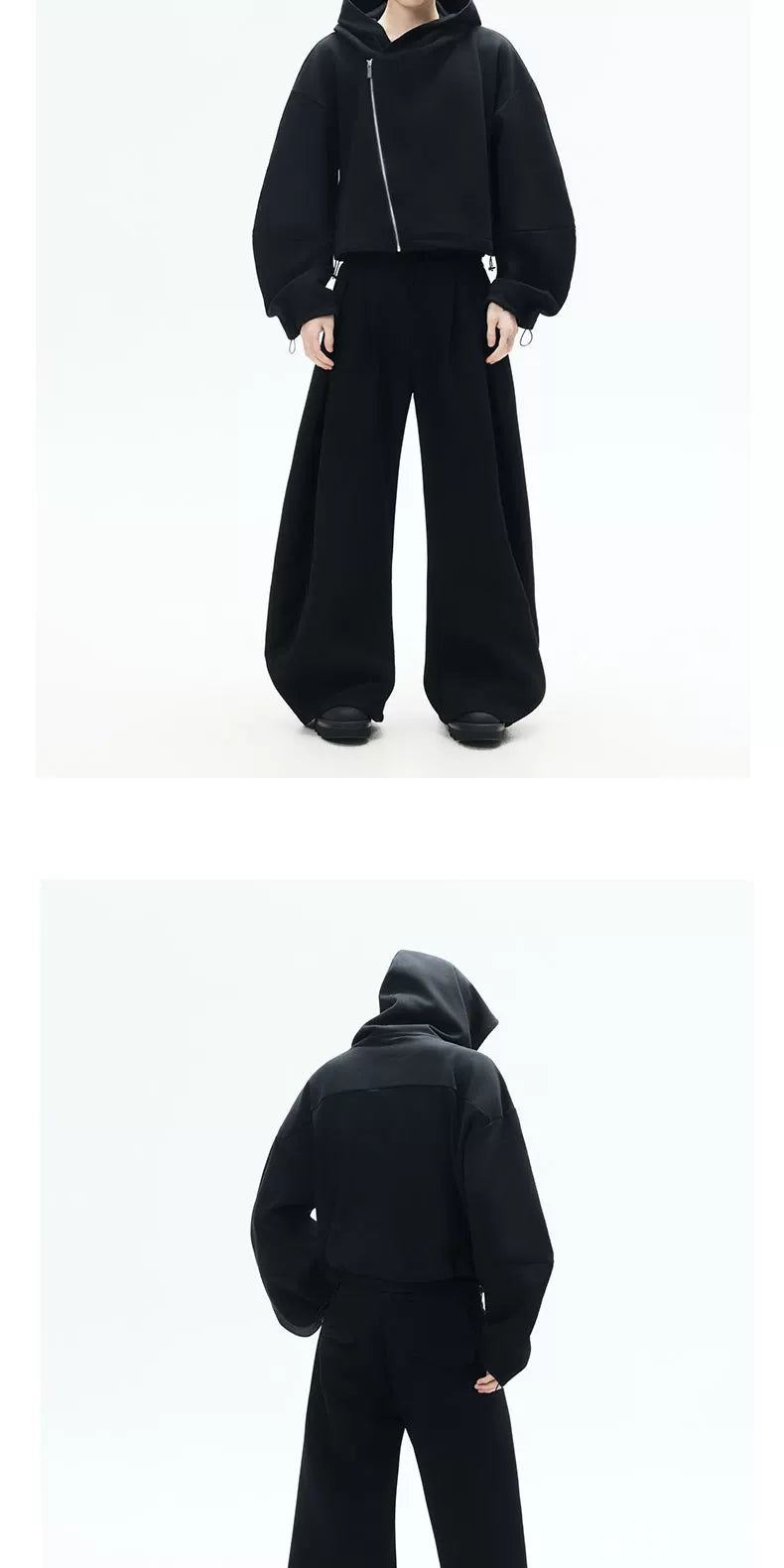 Curved Sleeves Zip Hooded Cardigan