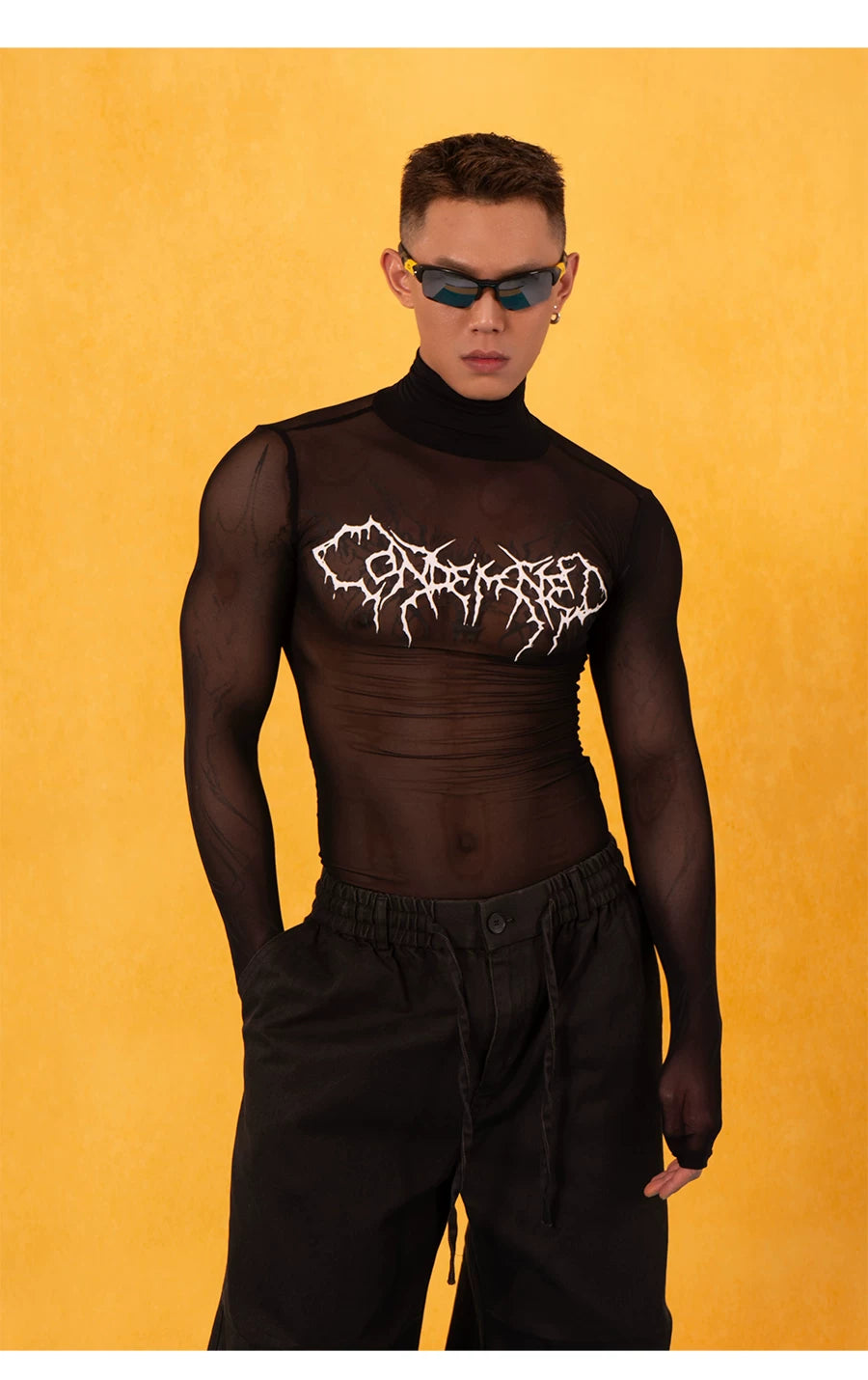 Y2K Cutout Sheer Mesh Turtleneck Tee