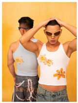 Blue White Floral Slim Crop Tank