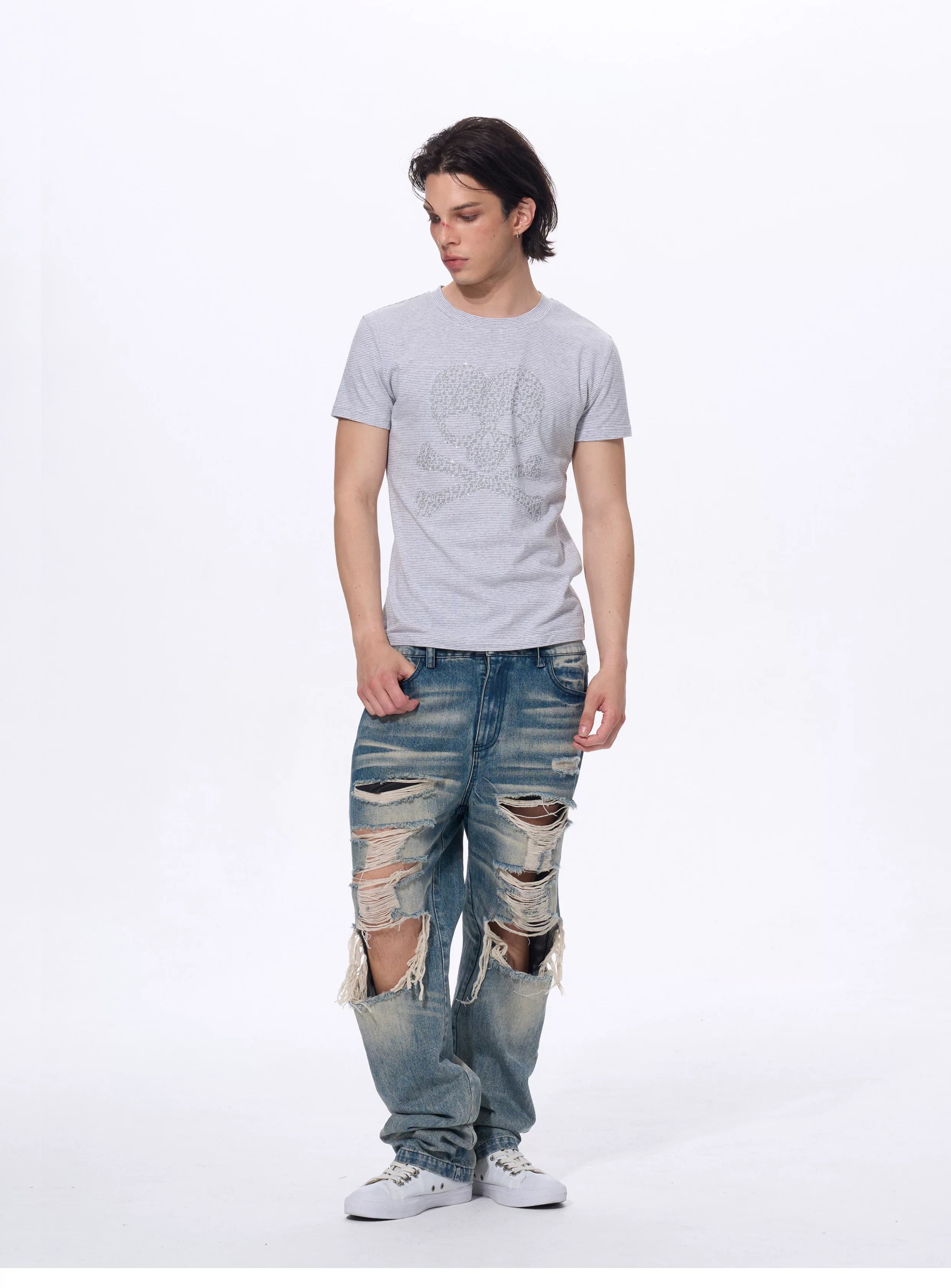 Men’s Rhinestone Skull Striped Tees