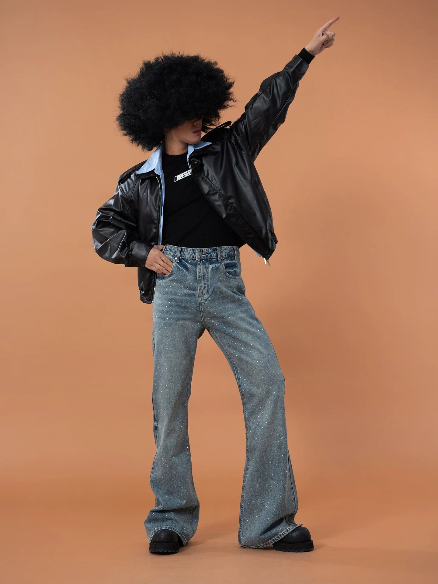 Black Shirt-Collared Faux Leather Moto Jacket
