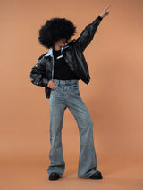 Black Shirt-Collared Faux Leather Moto Jacket
