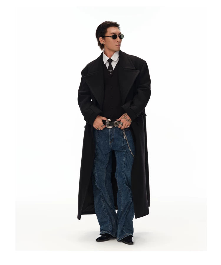 Men's Long Black Double-breasted Wool Coat