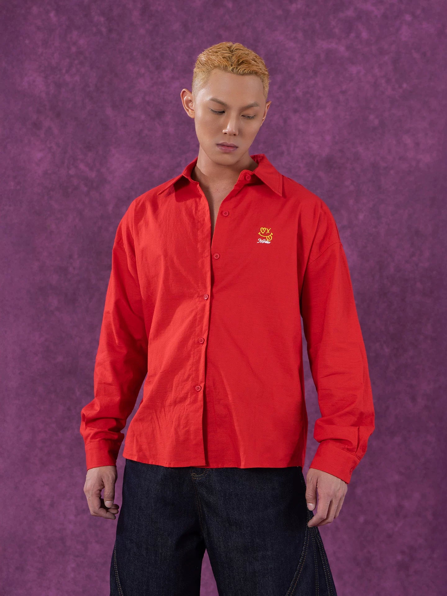Red Oversized Collared Long Sleeve Shirt
