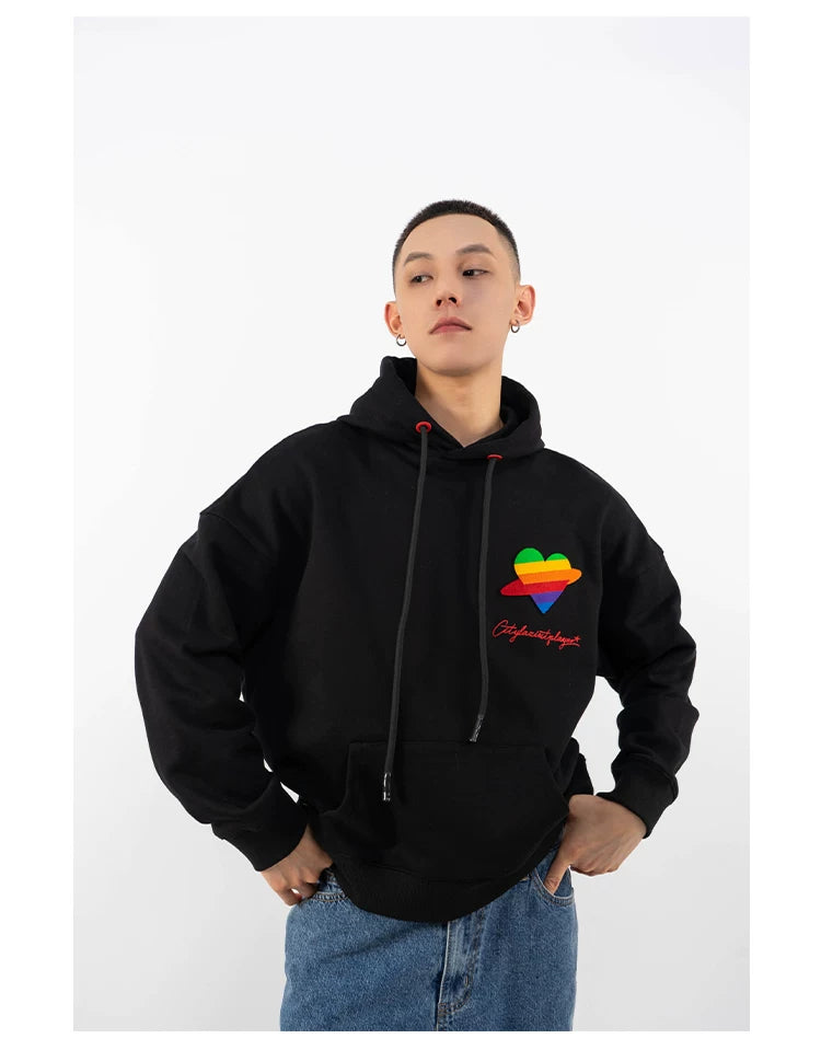 Loose Rainbow Heart Couple Hoodies