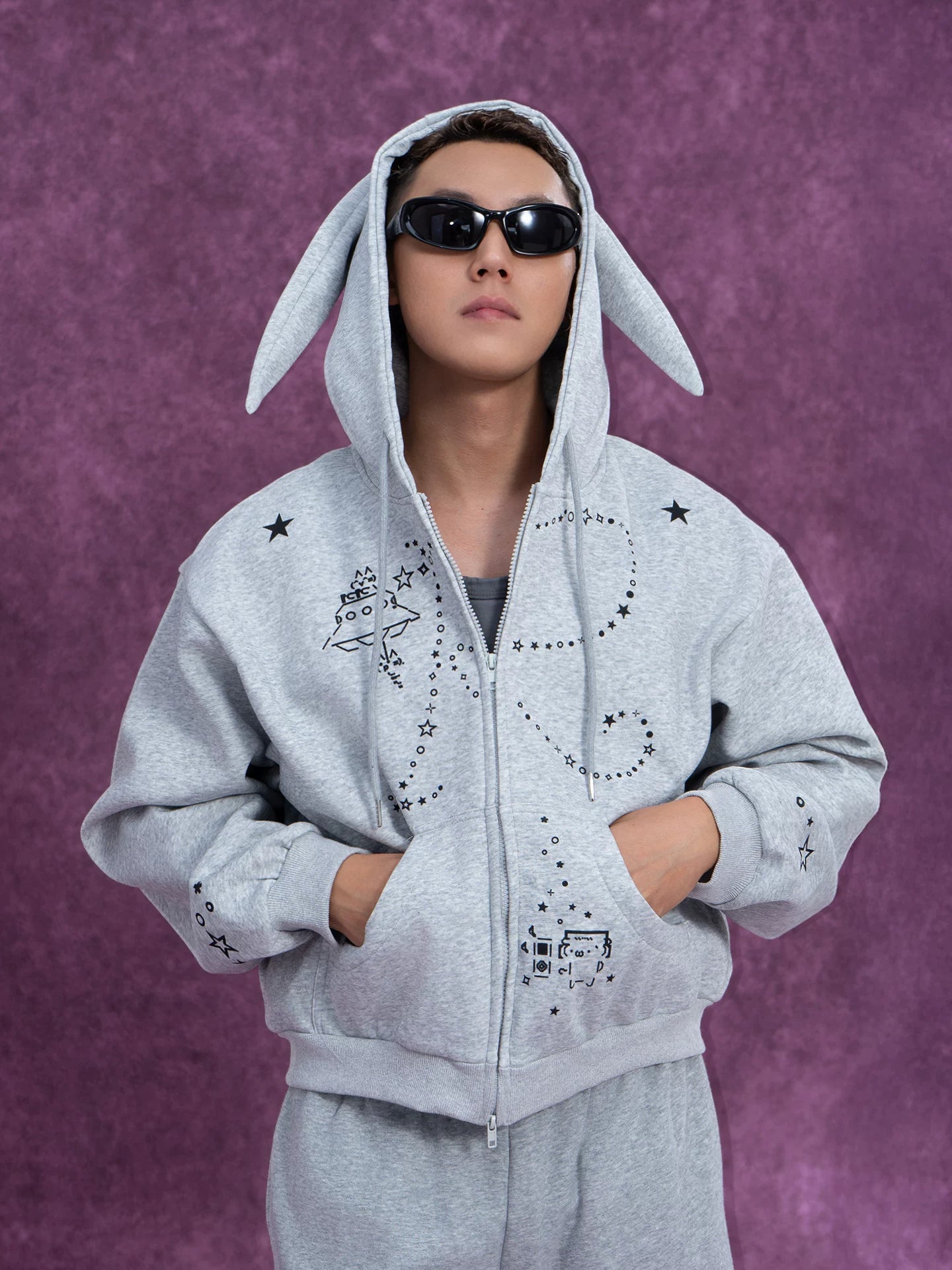 Men's Gray Bunny Ears Printed Hoodie